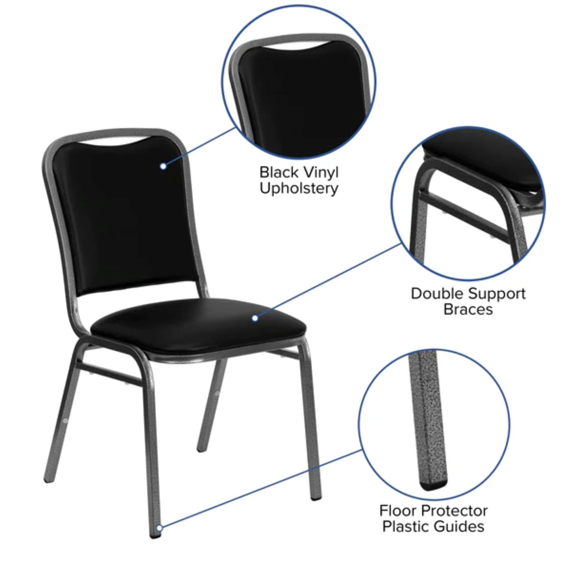 Front view of commercial stacking banquet chair with vinyl padded seat and steel frame, designed for event seating with product feature highlights 