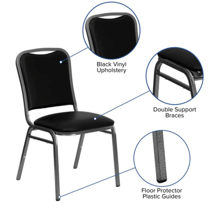 Front view of commercial stacking banquet chair with vinyl padded seat and steel frame, designed for event seating with product feature highlights 