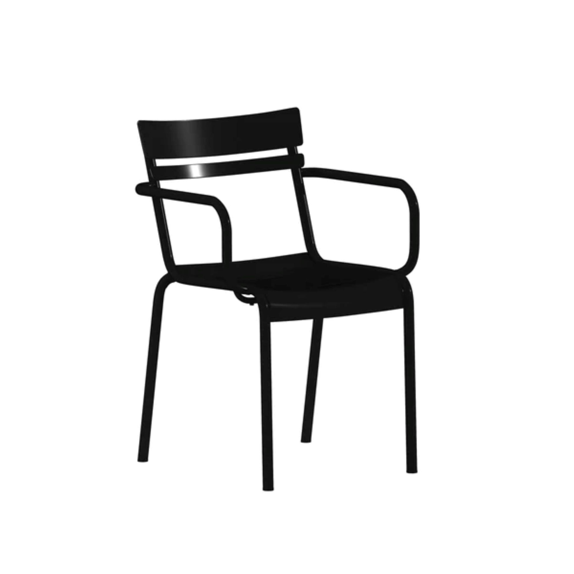 Angled  view of black powder-coated steel arm chair with two slats and contoured frame.