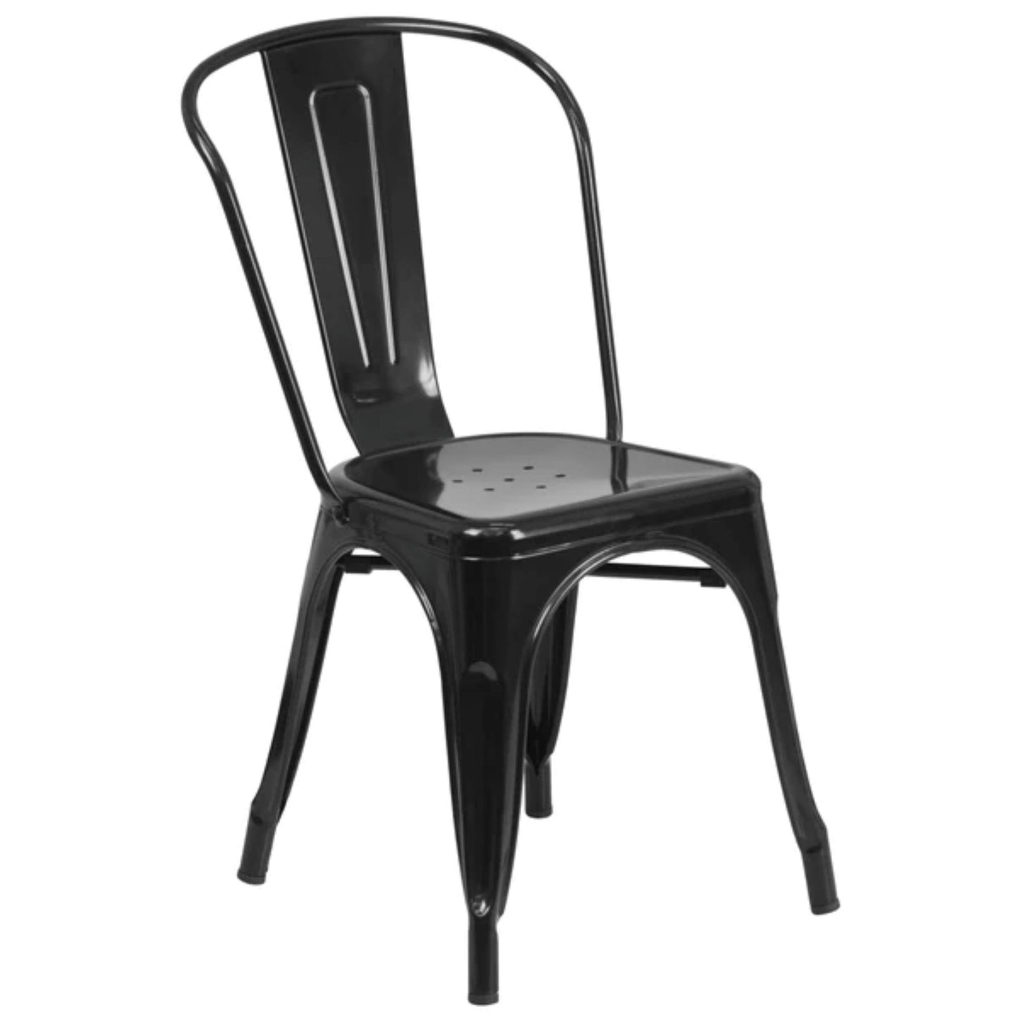 Black metal indoor–outdoor stackable bistro chair with powder-coated finish and slatted back.