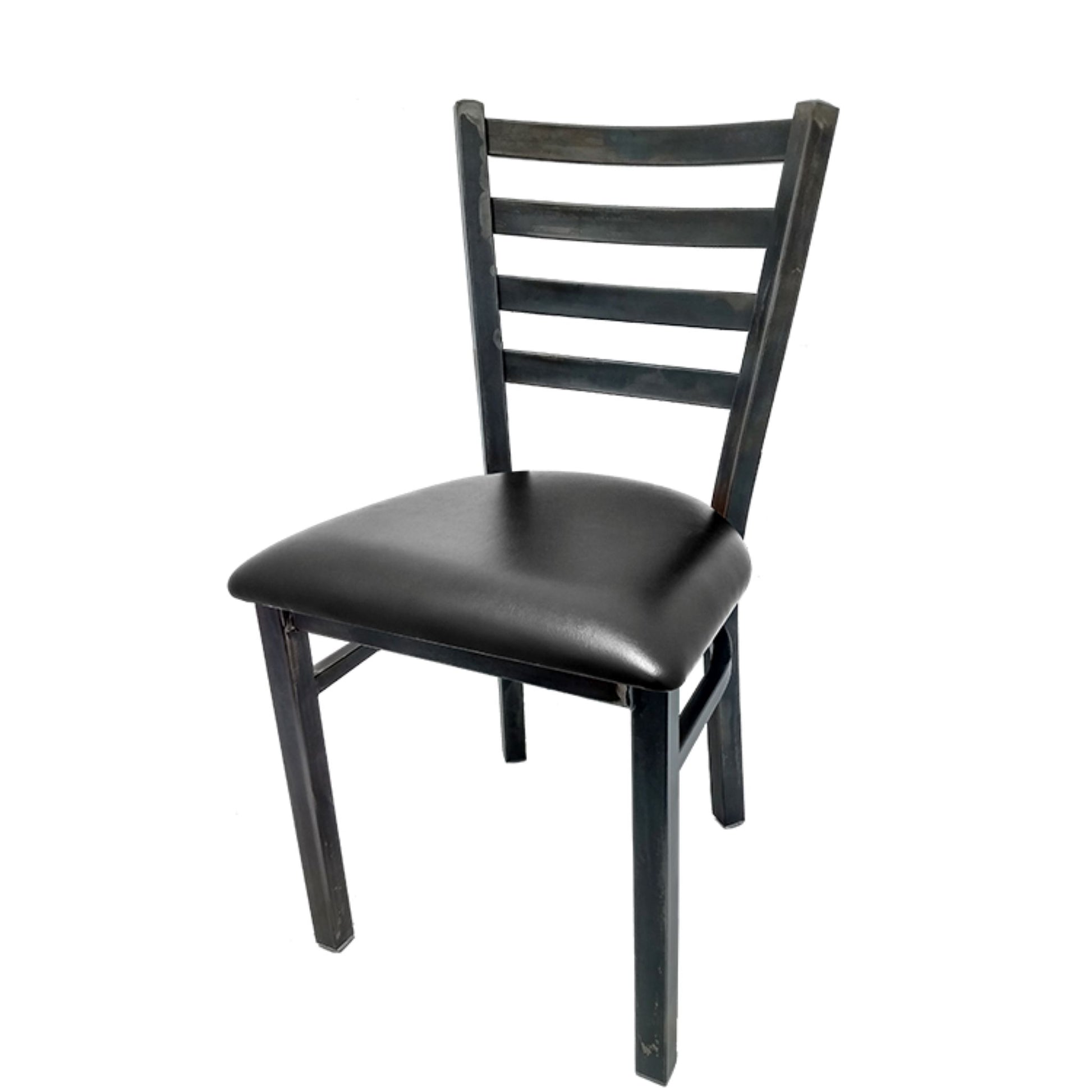 Rustic ladderback metal dining chair with clear coat steel frame and black vinyl seat.