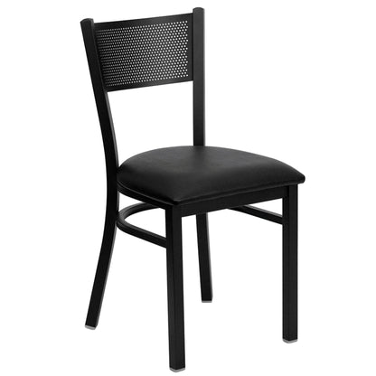 Black steel restaurant chair with grid back design and black vinyl seat, shown on a dining floor