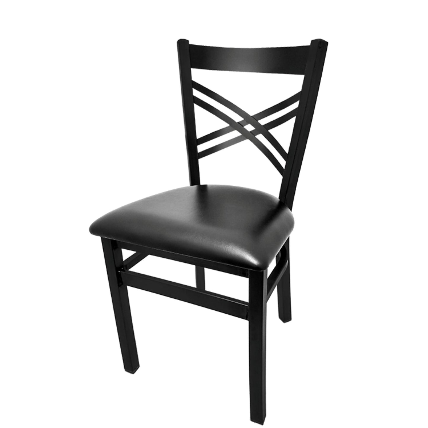 Crossback steel dining chair with black powder-coat frame and black vinyl seat.