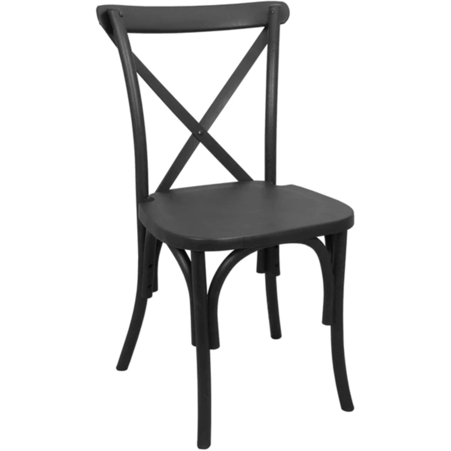 Front view of black resin X-back event chair with contoured seat and cross-back detail.