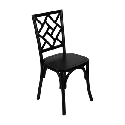 Brooklyn stackable solid wood dining chair in black finish with decorative back detail, front view.
