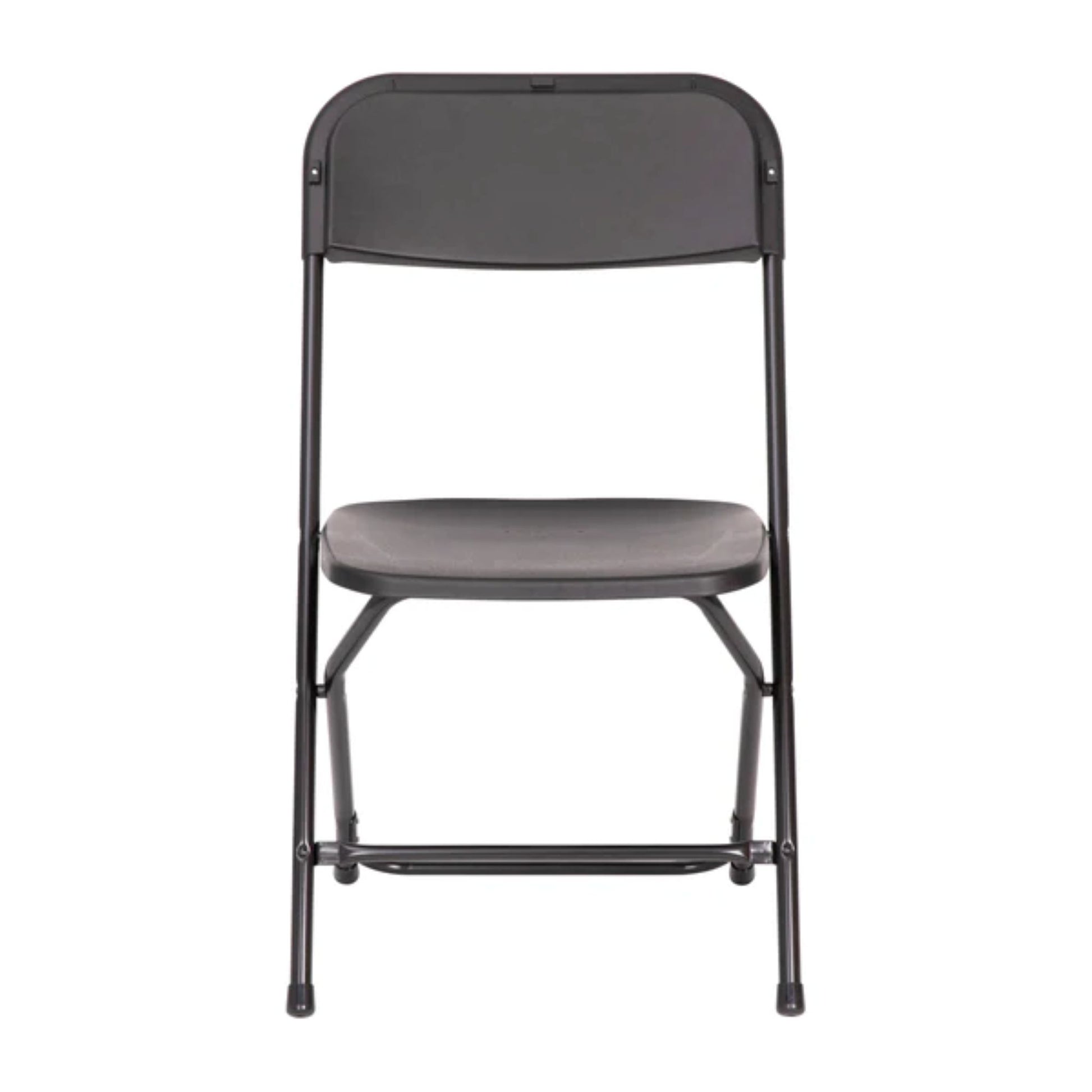 Big and tall extra wide black commercial folding chair with contoured textured seat and reinforced steel frame, front view.