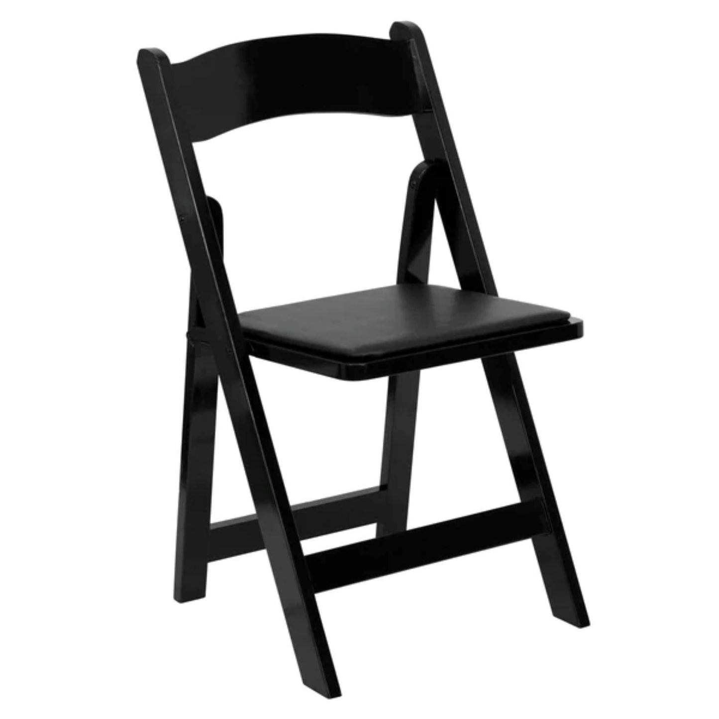 Front view of black wood folding chair with vinyl padded seat for weddings or events.
