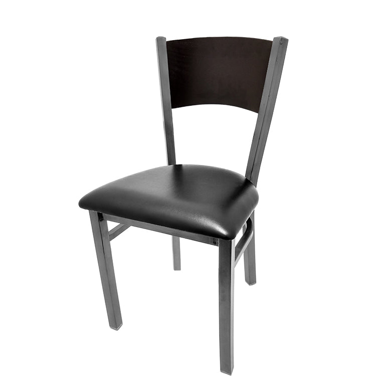 Dining chair with black stain seat back and black vinyl seat.