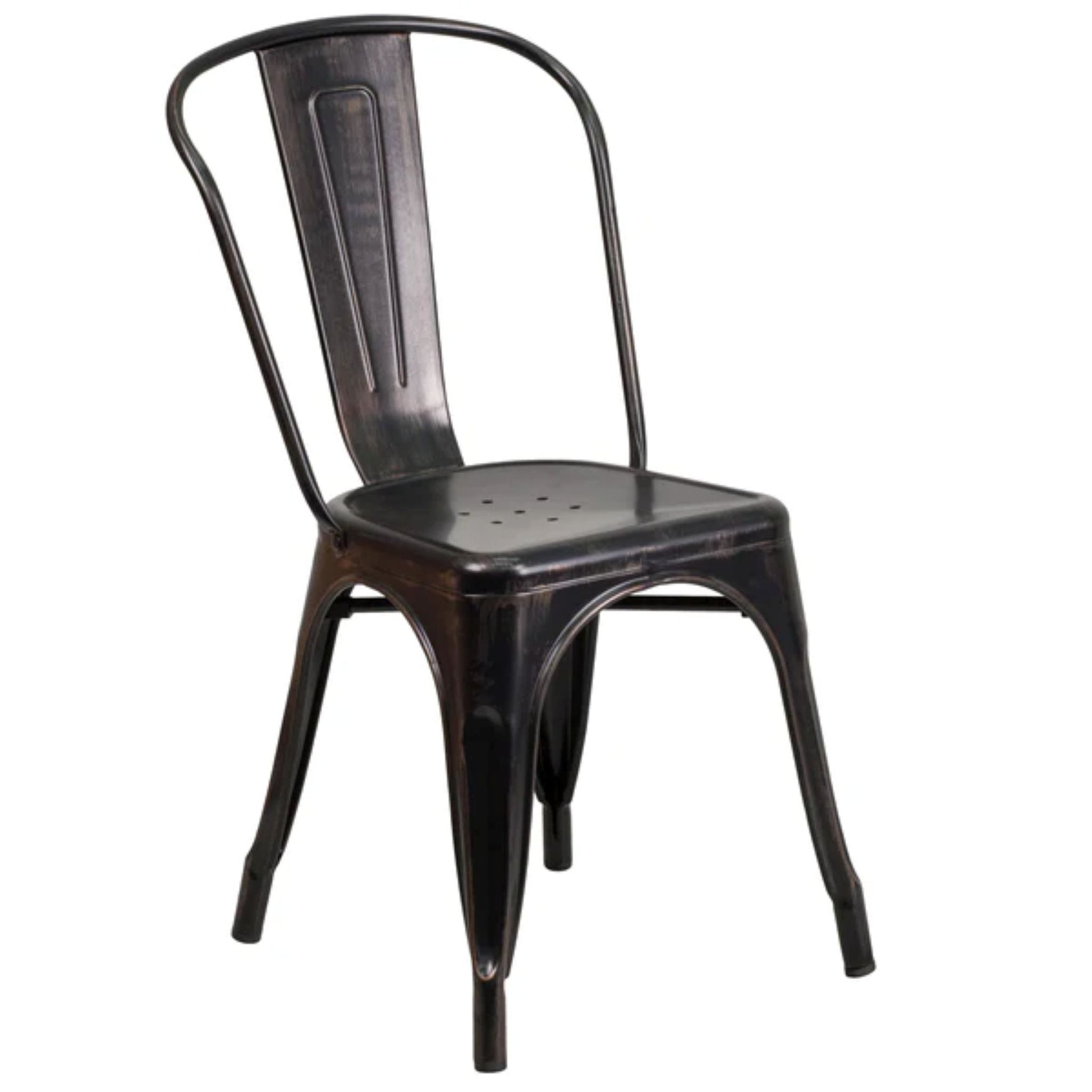 Black metal indoor–outdoor stackable bistro chair with gold accents and slatted back