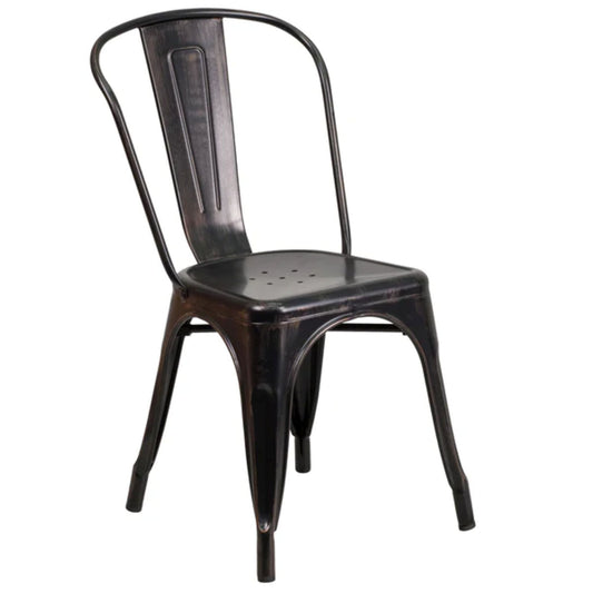 Black metal indoor–outdoor stackable bistro chair with gold accents and slatted back