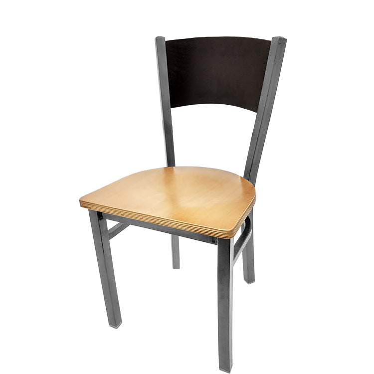Dining chair with black stain seat back and clear coat solid wood seat.