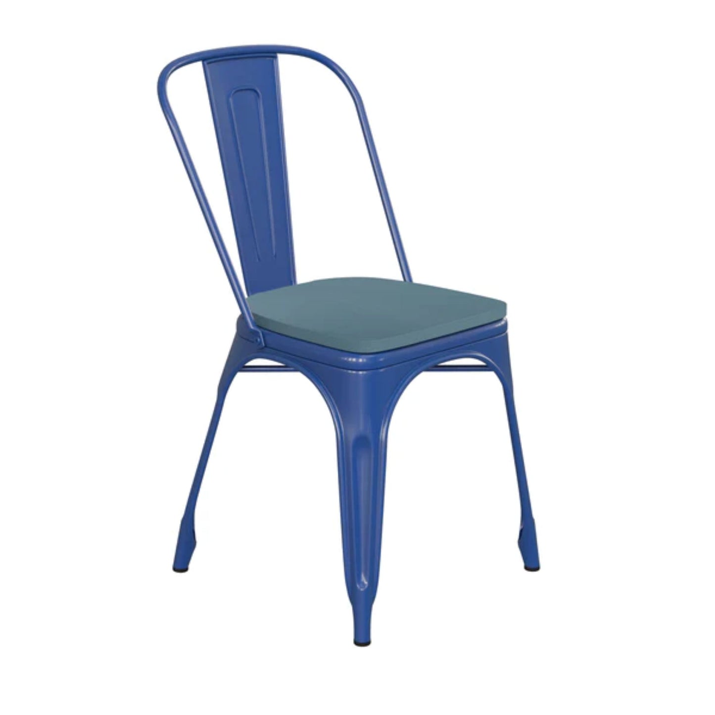 Blue metal stackable dining chair with teal-blue polystyrene seat for indoor or patio seating
