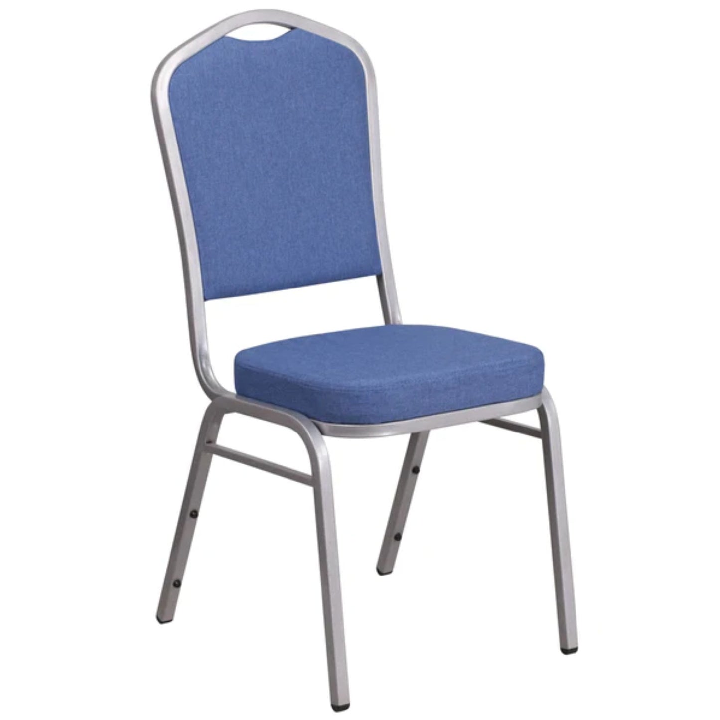 Crown back banquet chair with blue fabric upholstery and a silver steel frame.