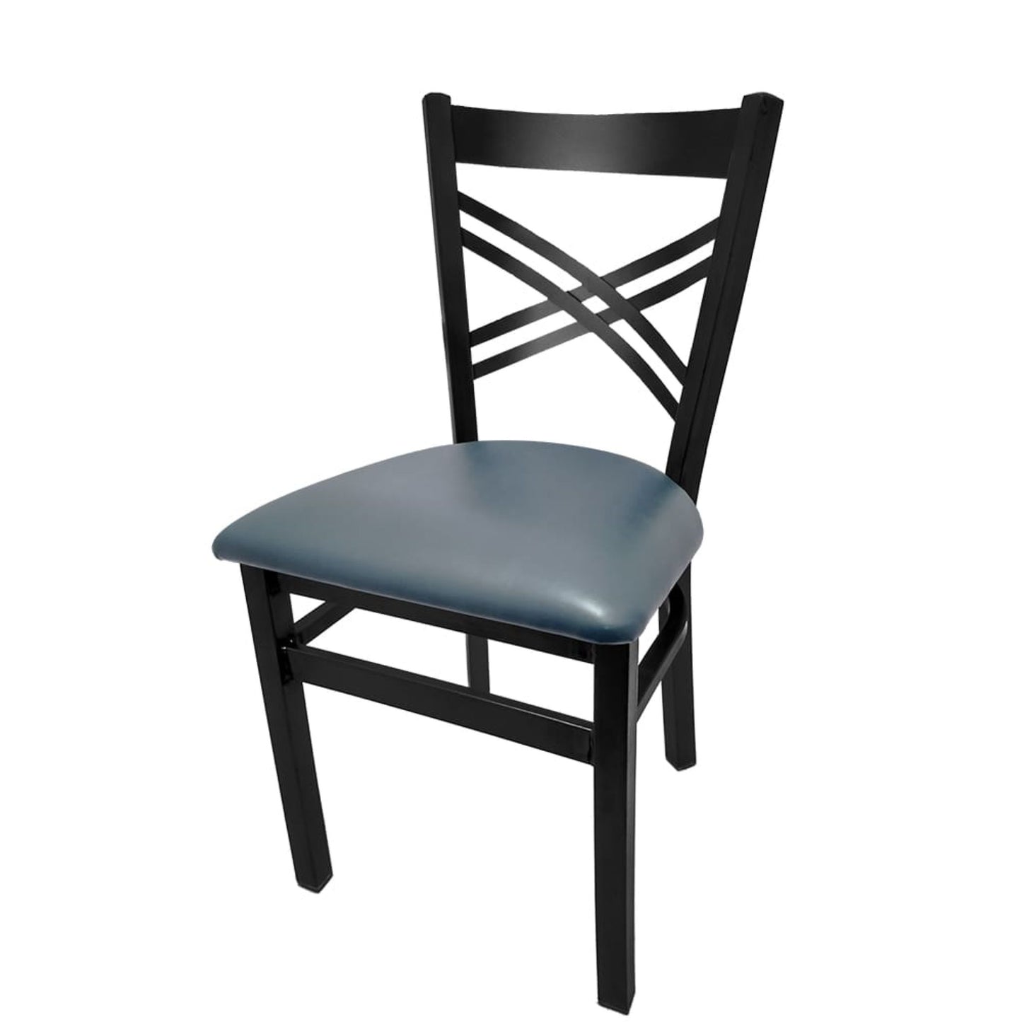 Crossback steel dining chair with black powder-coat frame and Blue Ridge vinyl seat.