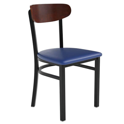 Dining chair with solid back, black steel frame, walnut wood backrest, and blue vinyl seat shown from the front.