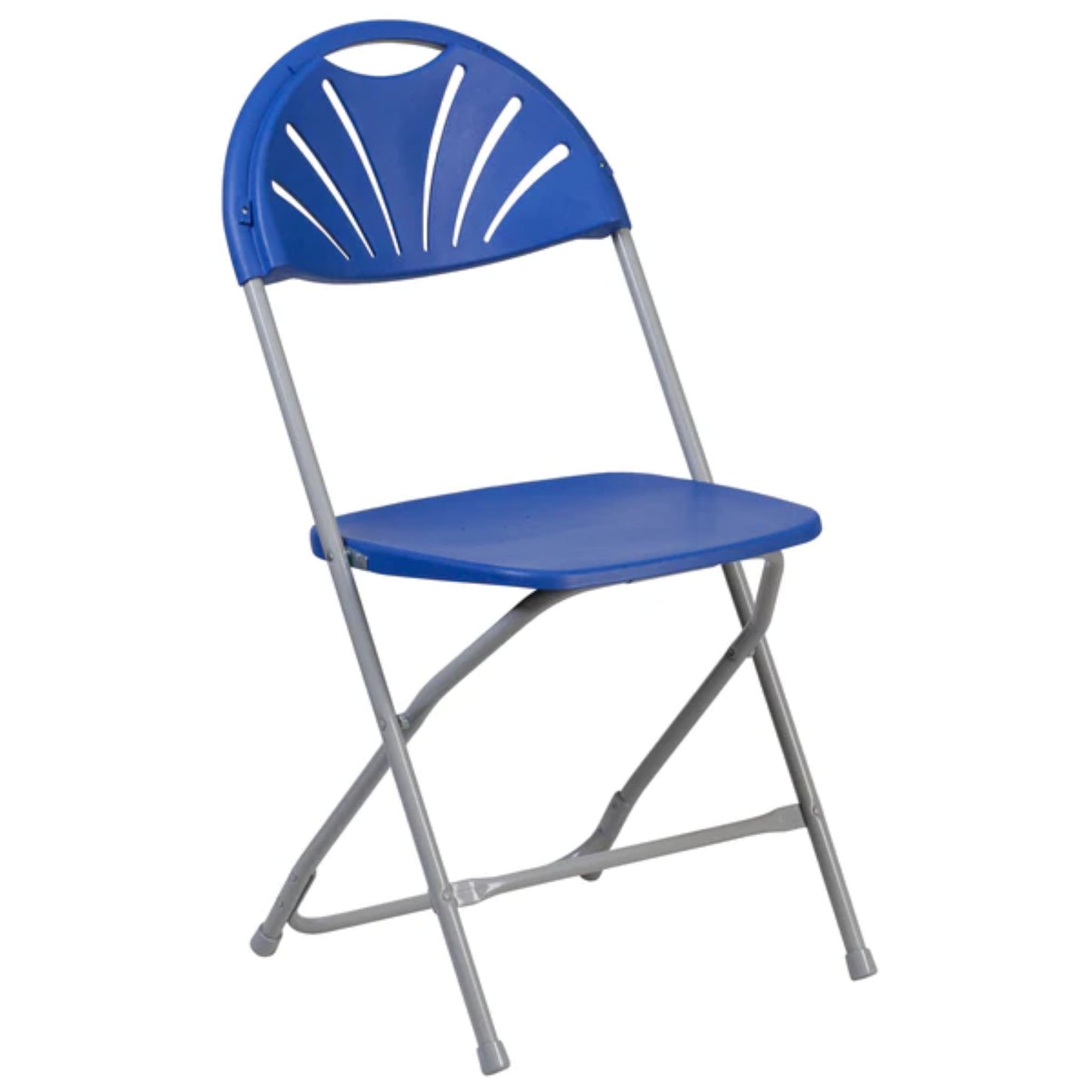 Front view of blue fan back folding chair with textured plastic seat and durable frame.