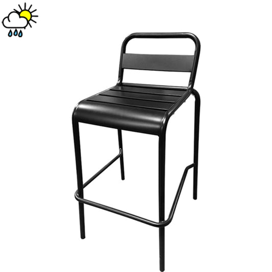 Boardwalk outdoor barstool with matte black pressed steel frame and horizontal metal slat seat and back