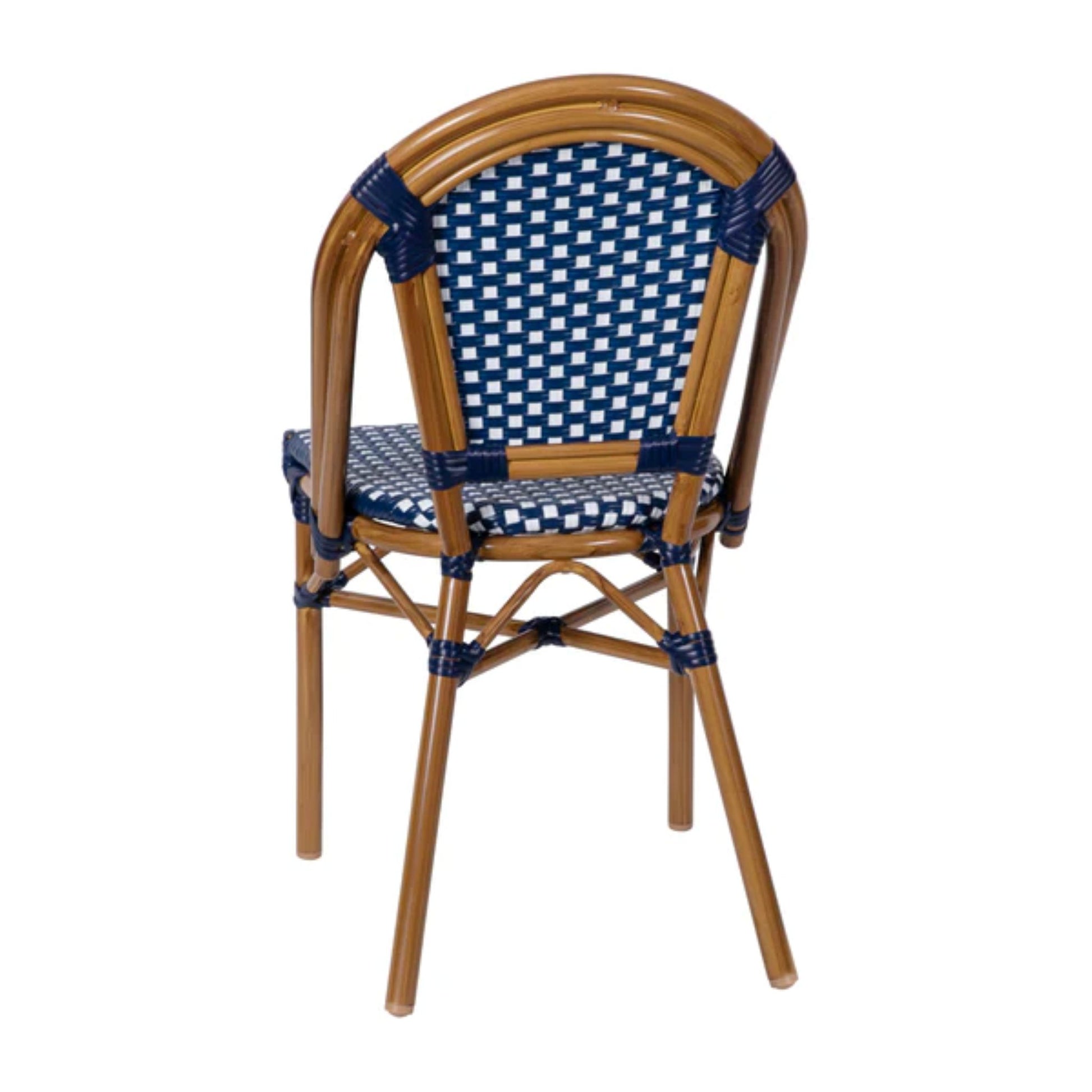 Back view of navy-and-white PE rattan bistro stacking chair with rust-proof bamboo-look aluminum frame