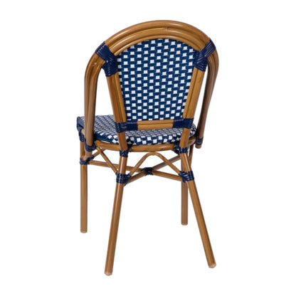 Back view of navy-and-white PE rattan bistro stacking chair with rust-proof bamboo-look aluminum frame