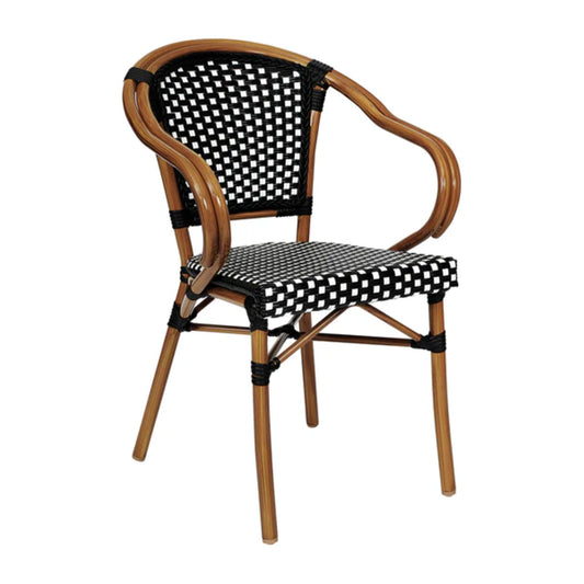 Black and white PE rattan bistro chair with arms and bamboo-print metal frame, shown from the front