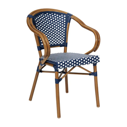 Navy and white PE rattan bistro chair with arms and bamboo-print metal frame, shown from the front.