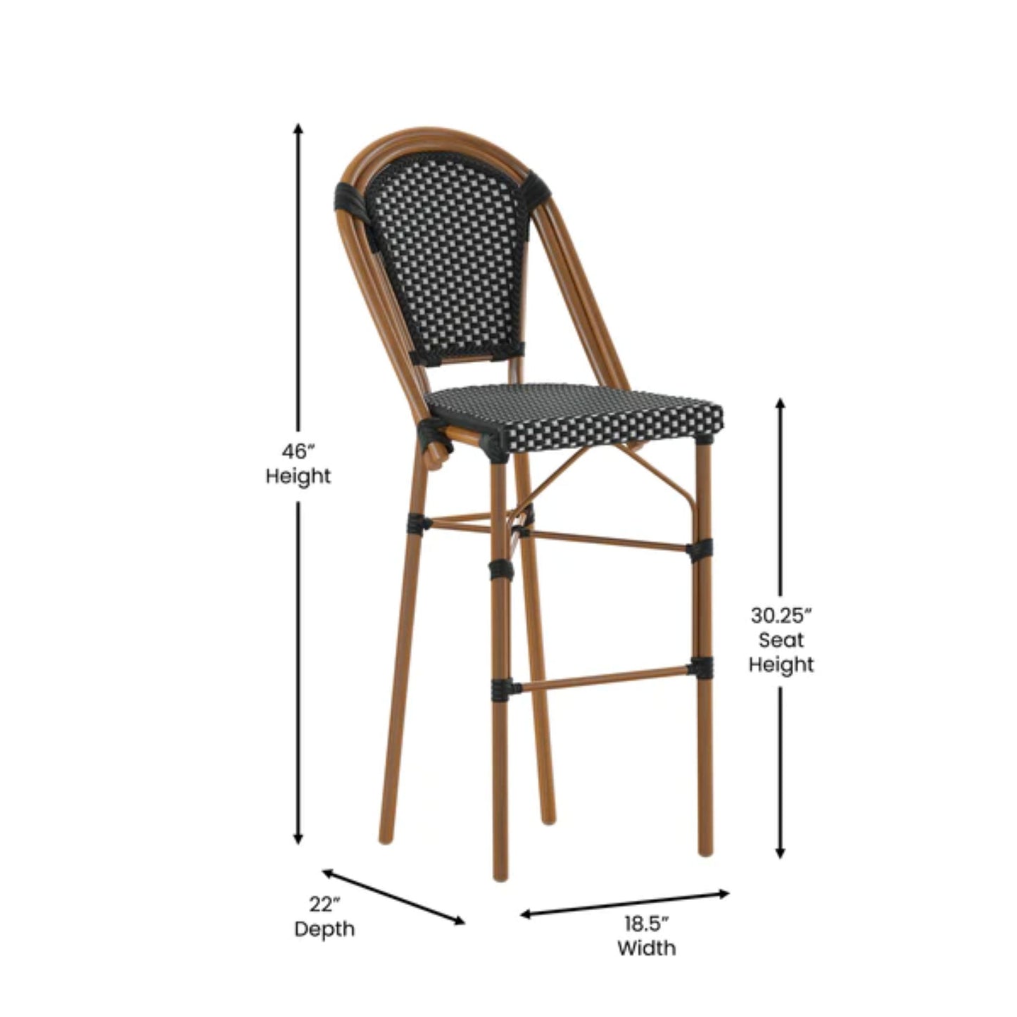 Bordeaux commercial bistro 30-inch bar height stool with black and white PE rattan seat and back with dimensions