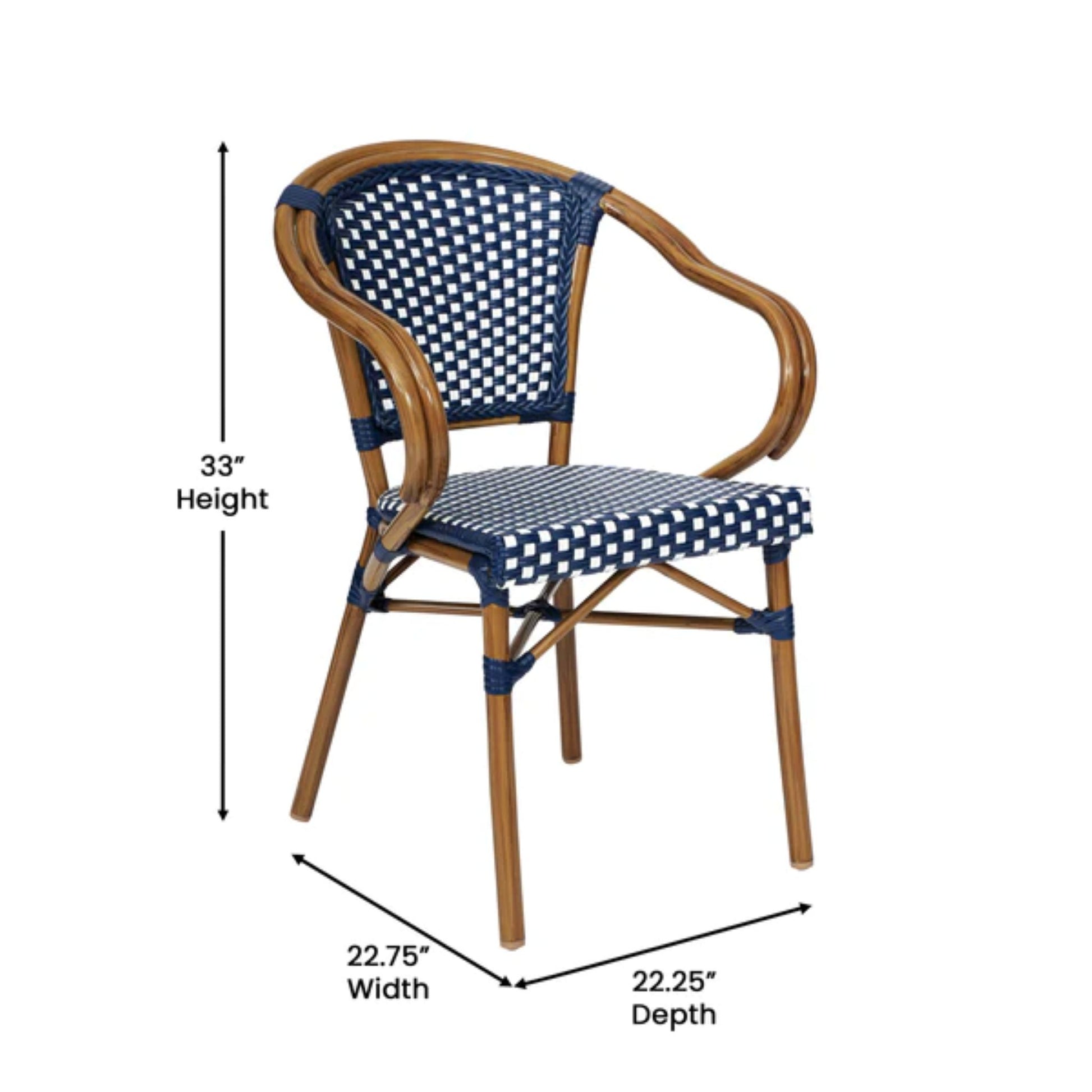 Side view of navy-white PE rattan bistro chair with armrests and bamboo-print outdoor-safe frame with dimensions
