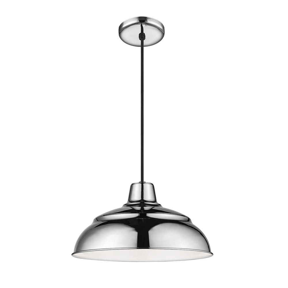 Industrial pendant light in a bright nickel finish with a 14-inch aluminum shade and hanging cord, suitable for bars and restaurant interiors.