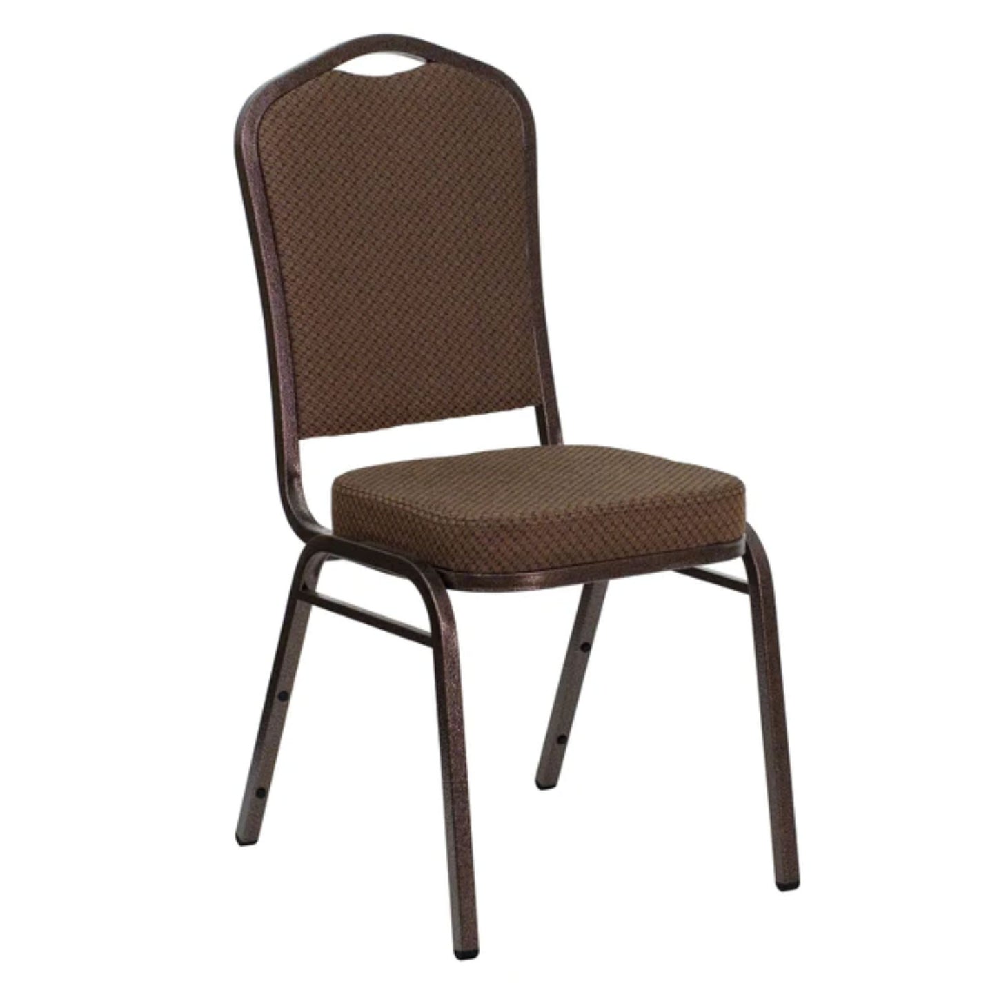 Crown back banquet chair with brown patterned fabric upholstery and a copper steel frame.