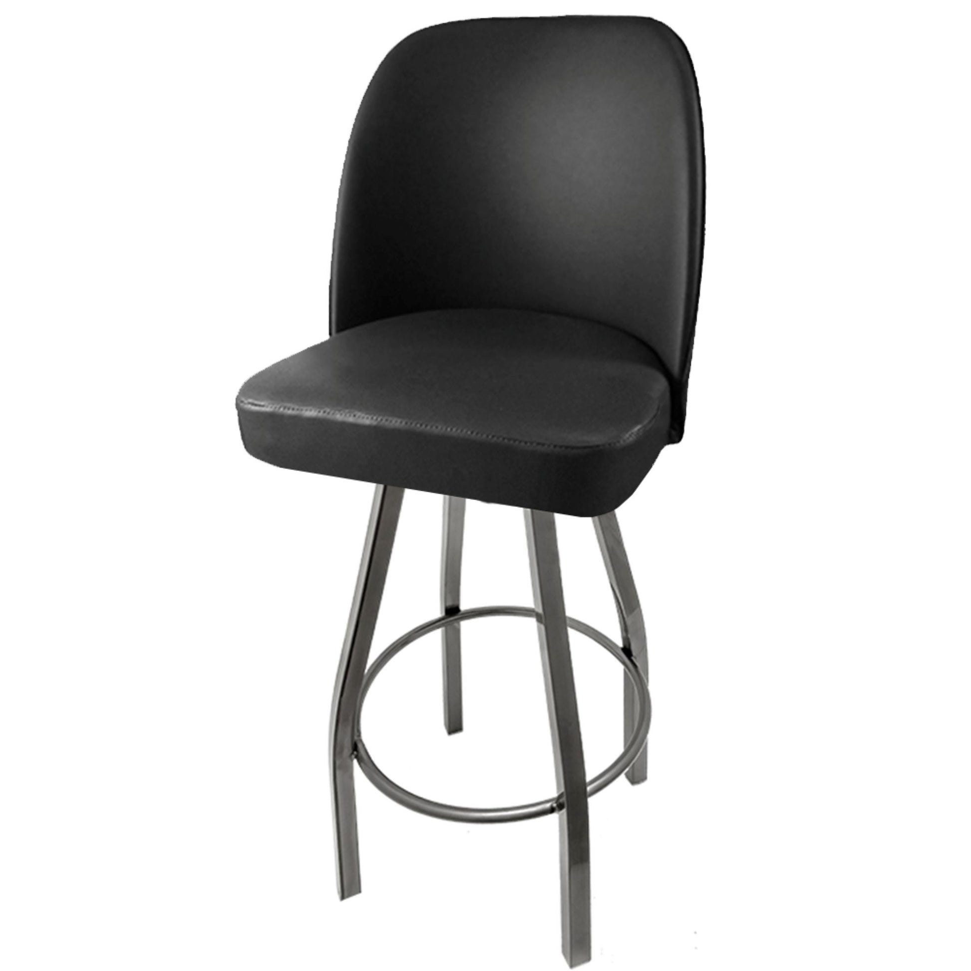 Standard bucket barstool with clear coat swivel frame and non waterfall black vinyl seat