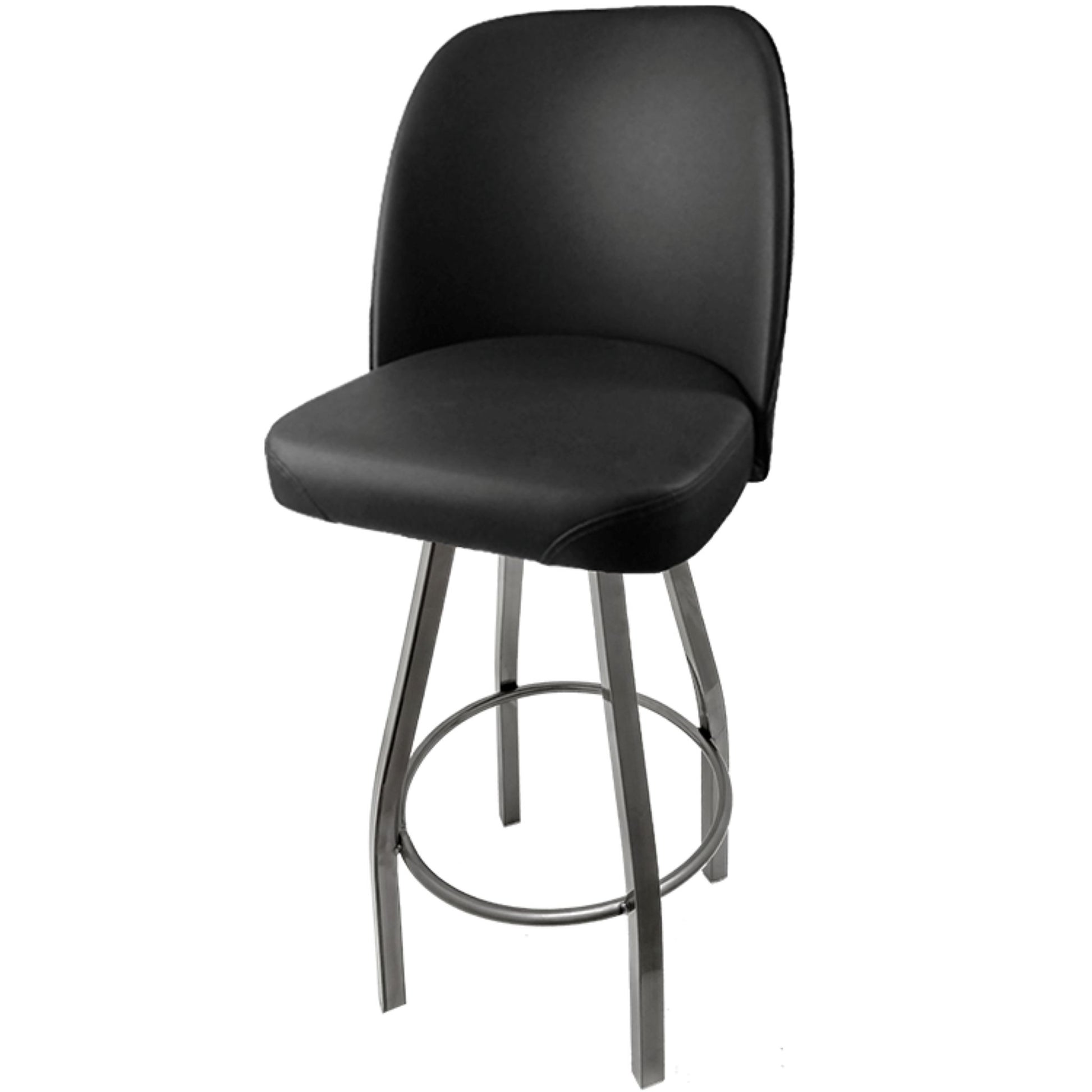 Standard bucket barstool with clear coat swivel frame and black vinyl seat