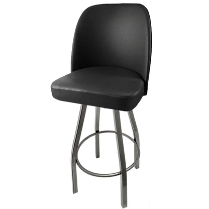 Standard bucket barstool with clear coat swivel frame and non waterfall black vinyl seat