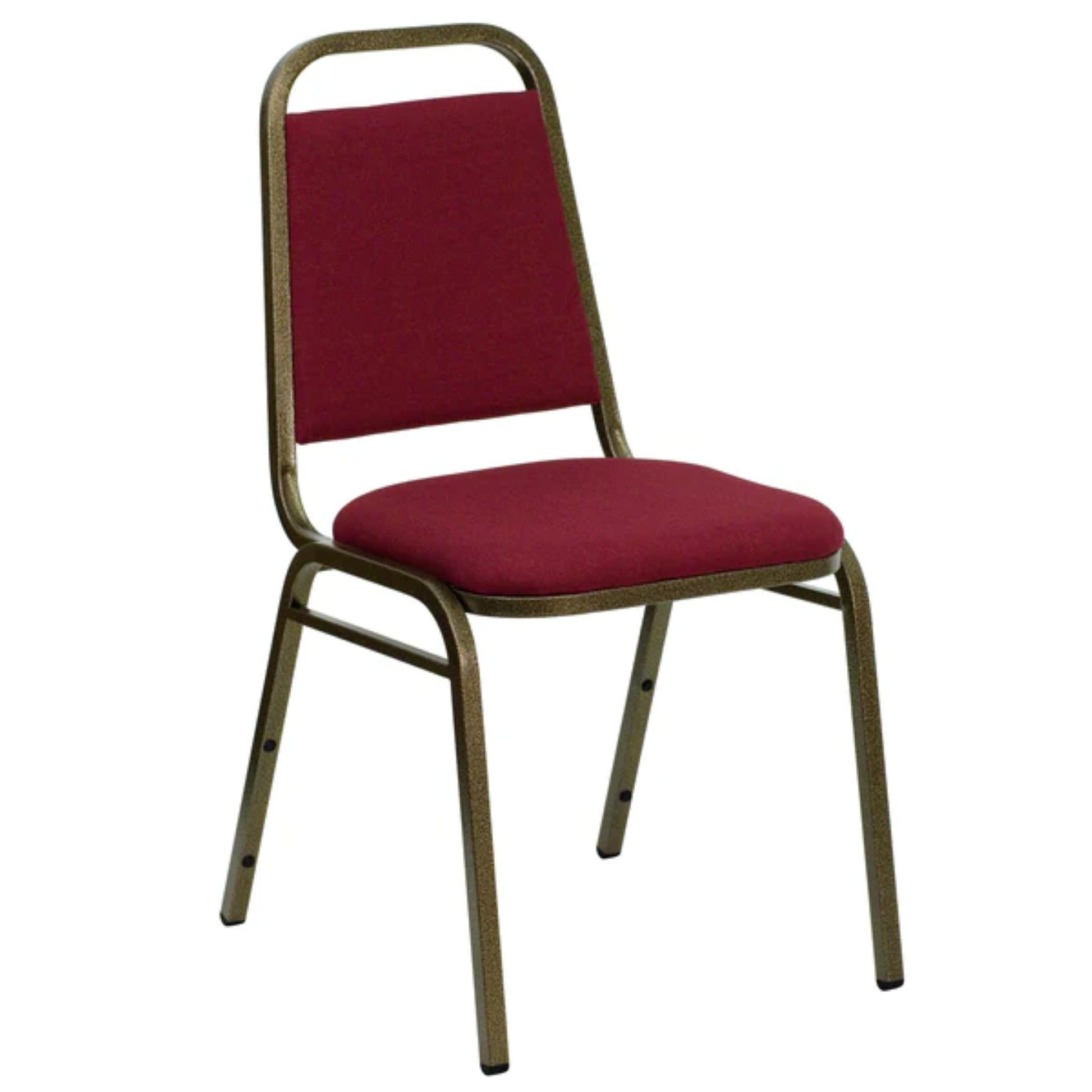 Trapezoidal back banquet chair with burgundy fabric upholstery and gold steel frame, front view.