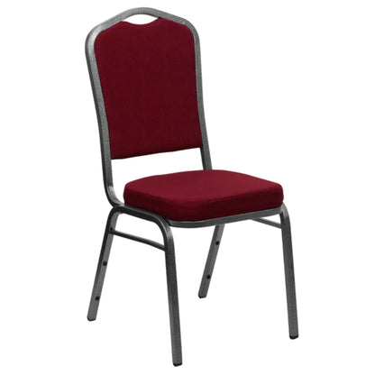 Crown back banquet chair with blue fabric upholstery and a silver steel frame.