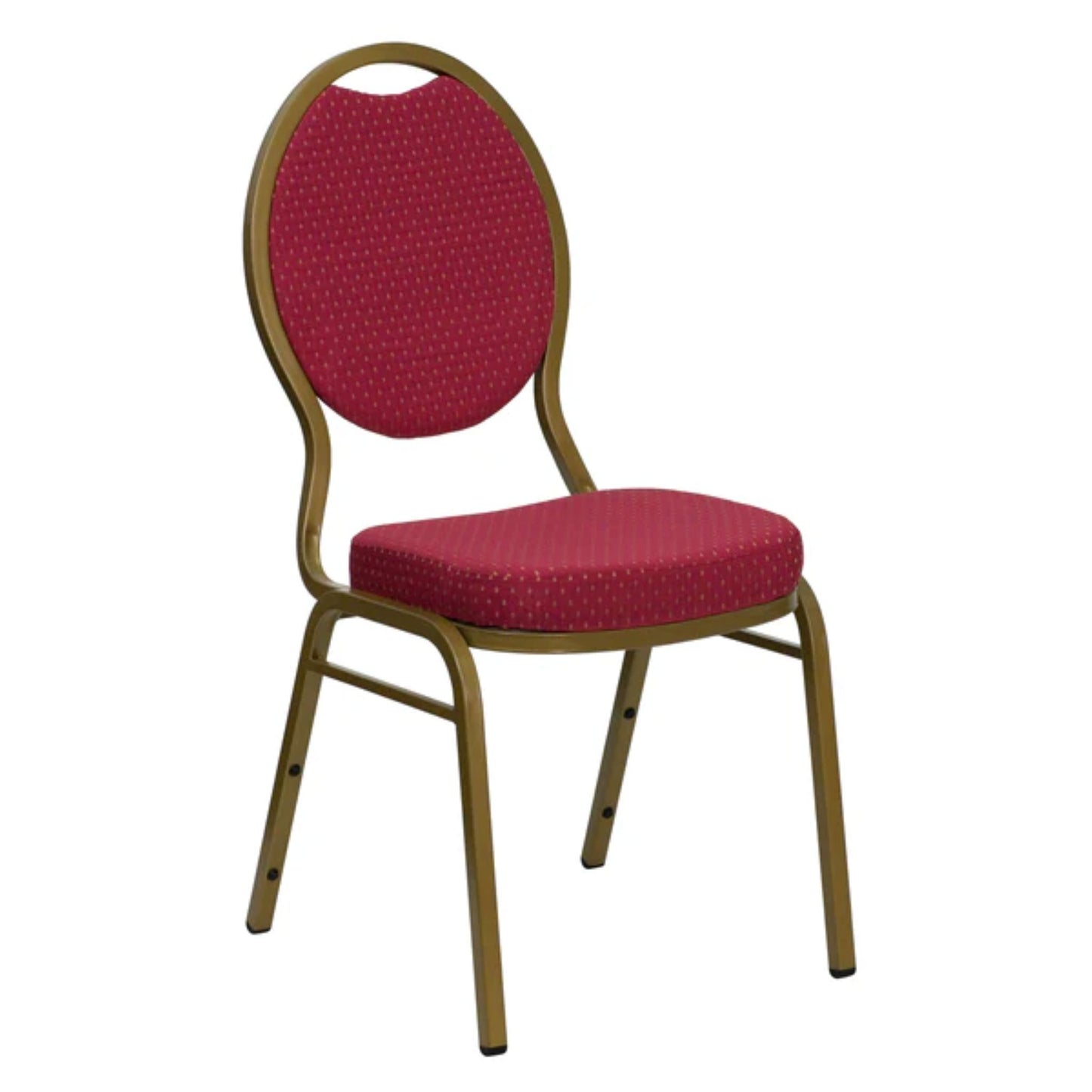 Front view of teardrop back banquet chair with burgundy patterned fabric upholstery and copper metal frame.