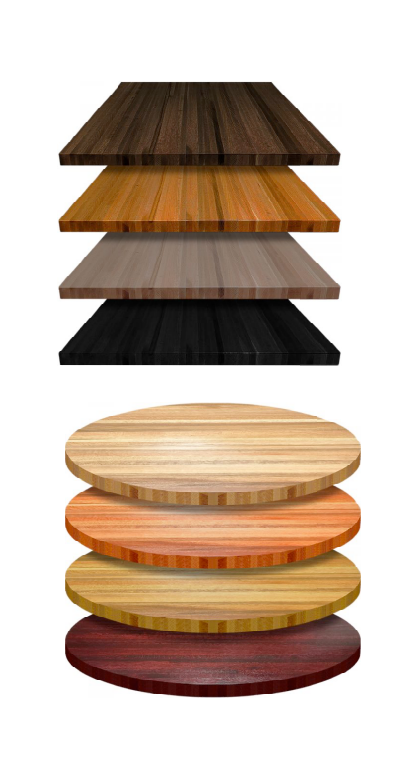 Assorted butcher block table tops in square and round shapes shown in a variety of wood stain colors