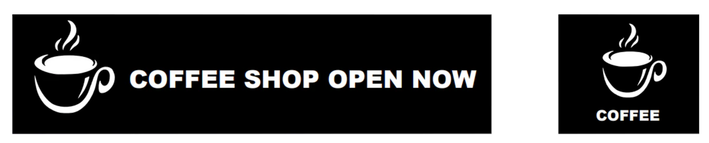 Vinyl banner displaying the words “Coffee Shop Open Now” with bold, high-resolution graphics, printed on durable PVC material for indoor or outdoor café and restaurant promotion.