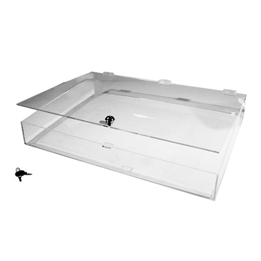 Front view of the locking acrylic security case showing the clear panels and secure front access for displaying small high-value items