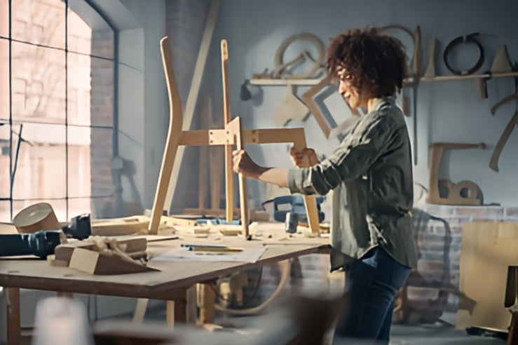 Person working on a wooden sculpture in a workshop