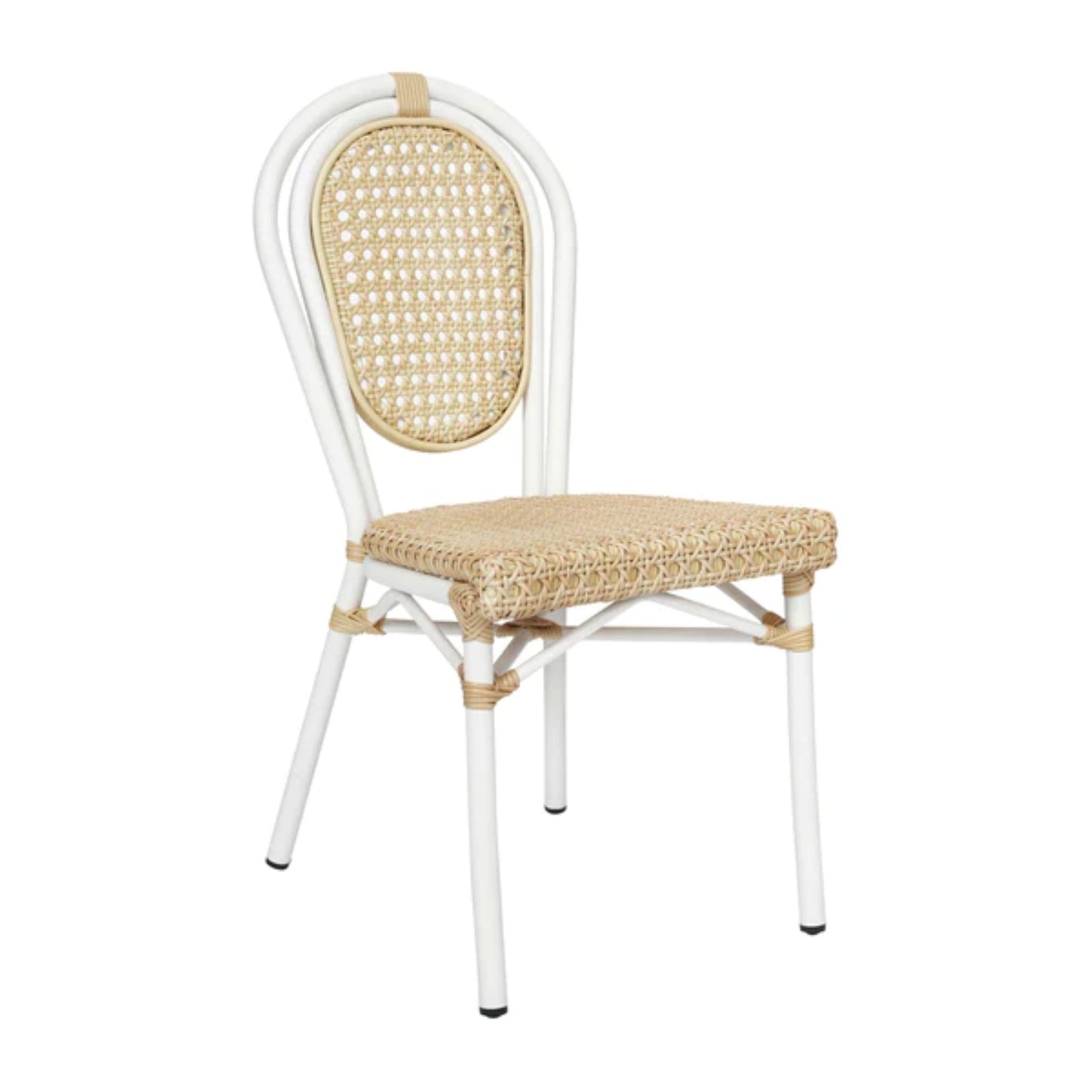 Indoor/outdoor bistro chair with natural PE cane rattan seat and back and white aluminum frame.