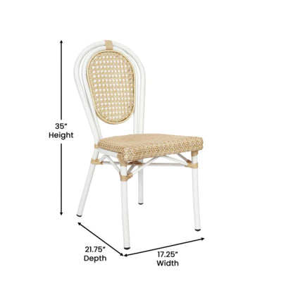 Angled view of natural rattan commercial bistro chair featuring white rust-resistant aluminum frame with dimensions