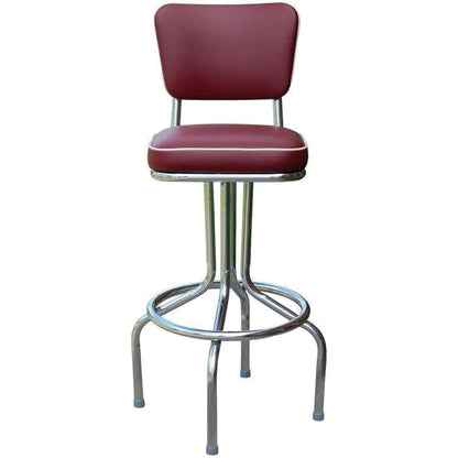 Retro diner bar stool with burgundy upholstered back and seat with white trim. chrome swivel base