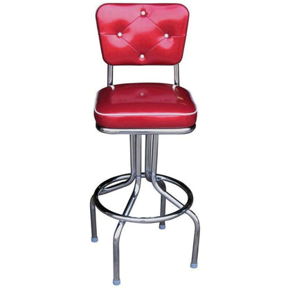 Retro diner bar stool with red vinyl upholstery and chrome swivel base