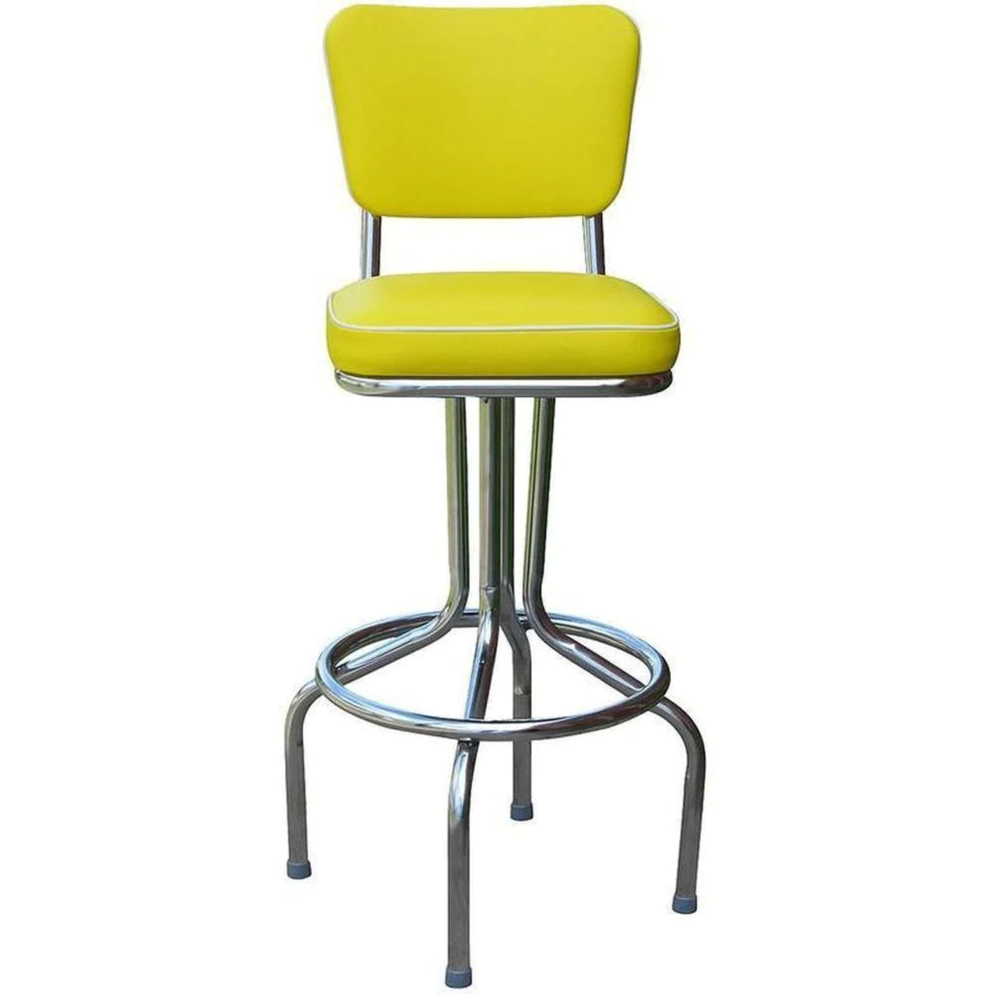 Vintage diner-style bar stool in yellow vinyl with padded seat and chrome legs