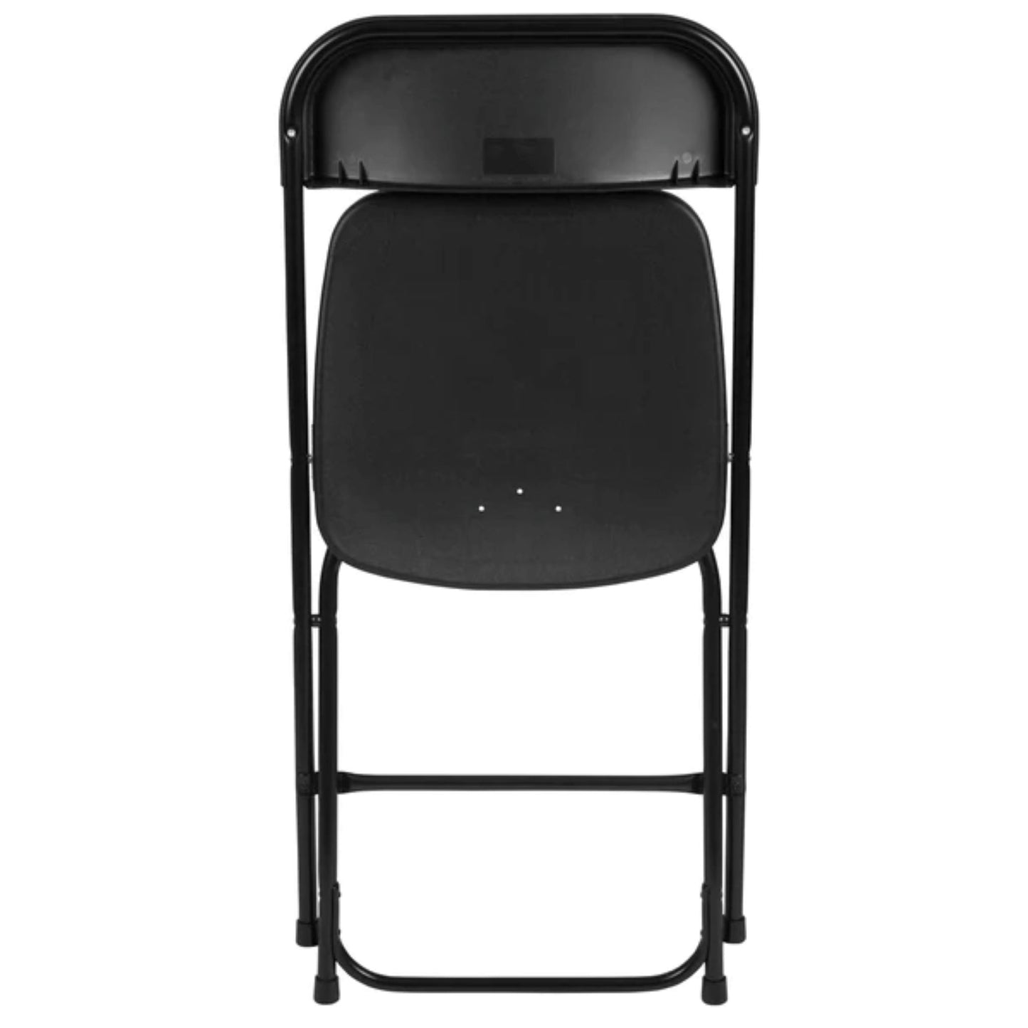 Plastic folding chair shown in folded position with lightweight steel frame and non-marring floor caps.