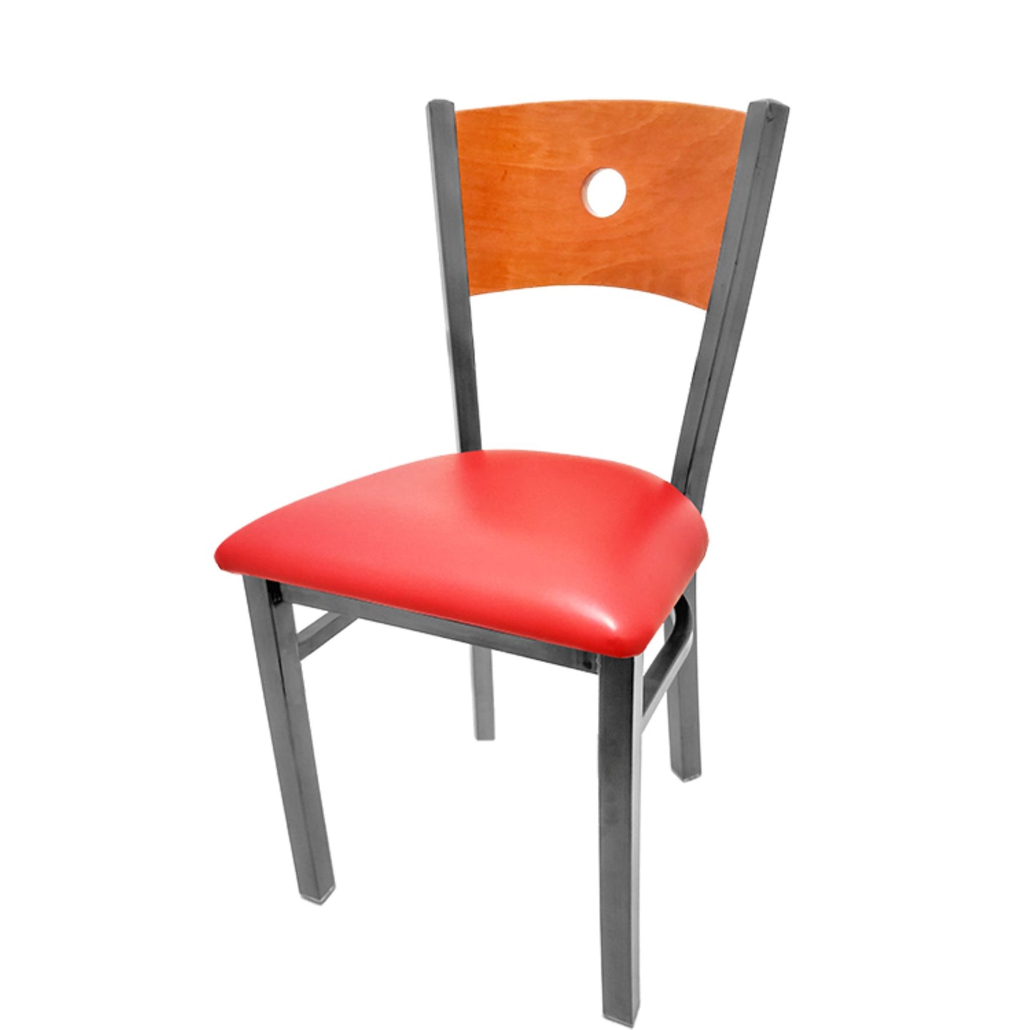 Dining chair with cherry wood back and red vinyl seat.