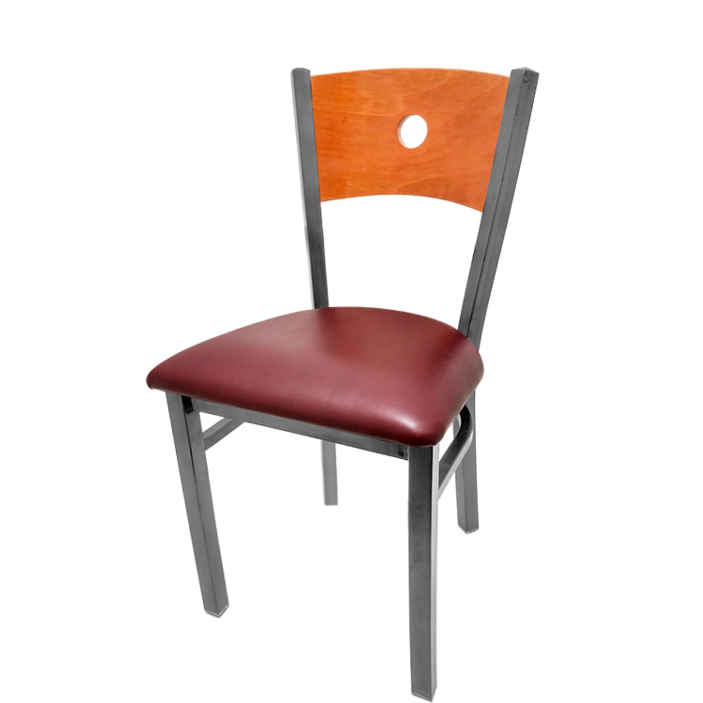 Dining chair with cherry wood back and wine vinyl seat.