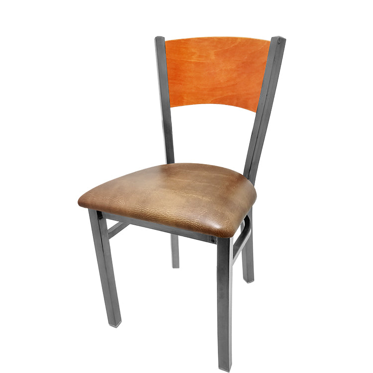 Dining chair with cherry stain seat back and buckskin vinyl seat.