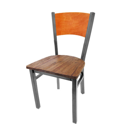 Dining chair with cherry stain seat back and reclaimed wood seat.