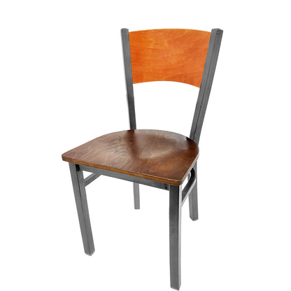 Dining chair with cherry stain seat back and walnut wood seat.